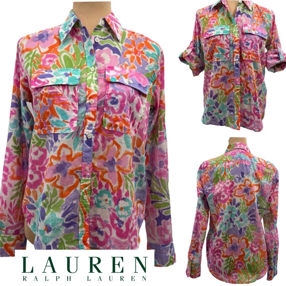 LAUREN RALPH LAUREN button-up top, multicolored floral Roll-tab sleeves Size 3X